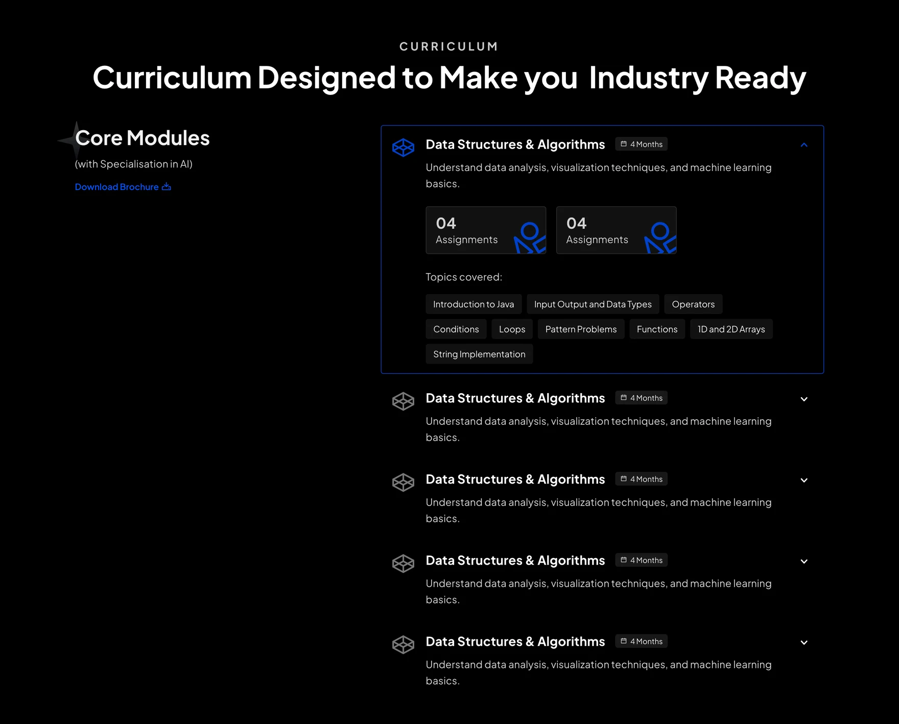 The old curriculum section: a flat drop-down list of Core Modules with no progression between them