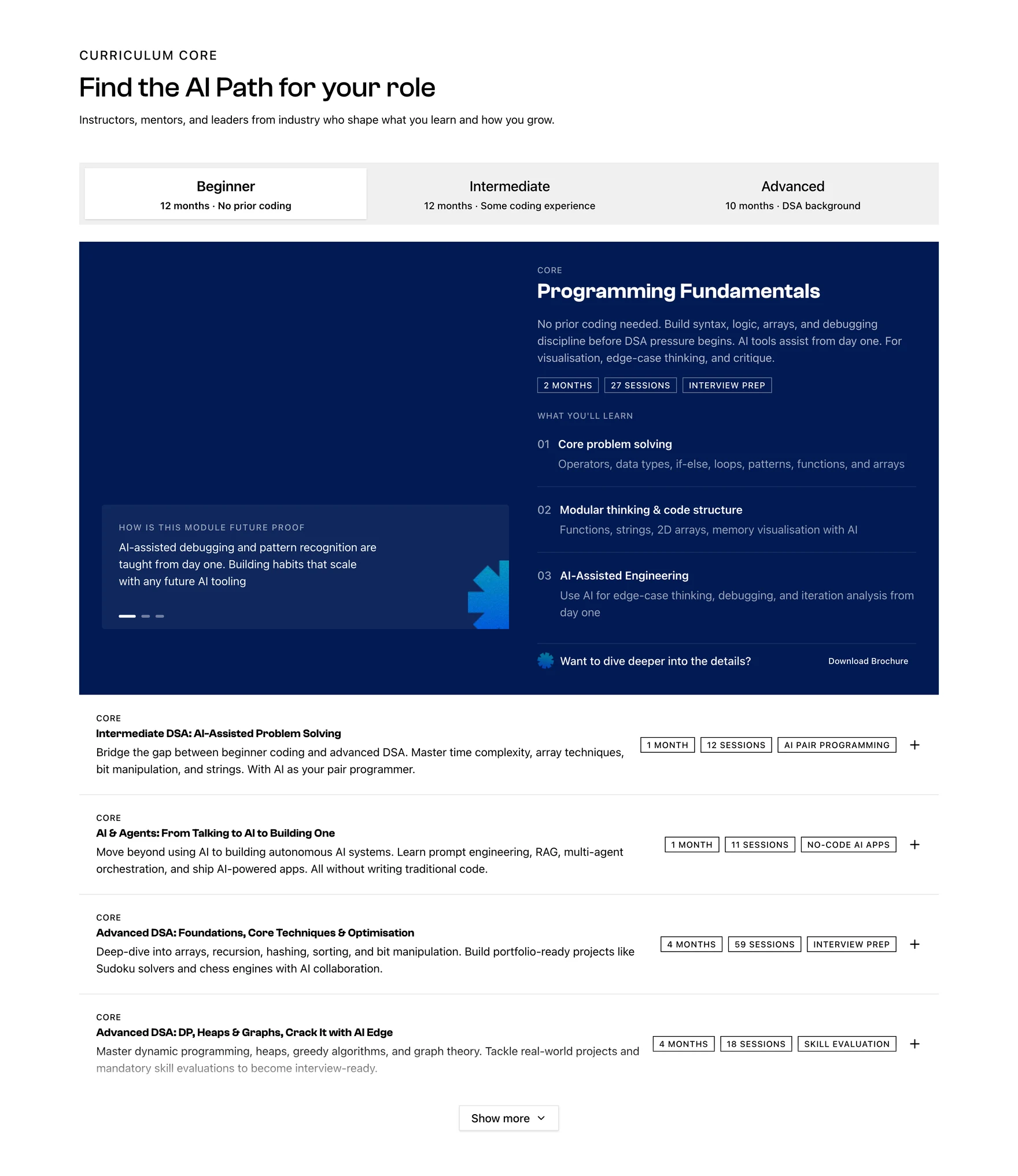 The three-tier curriculum section, with Beginner, Intermediate and Advanced entry points as tabs above the module detail