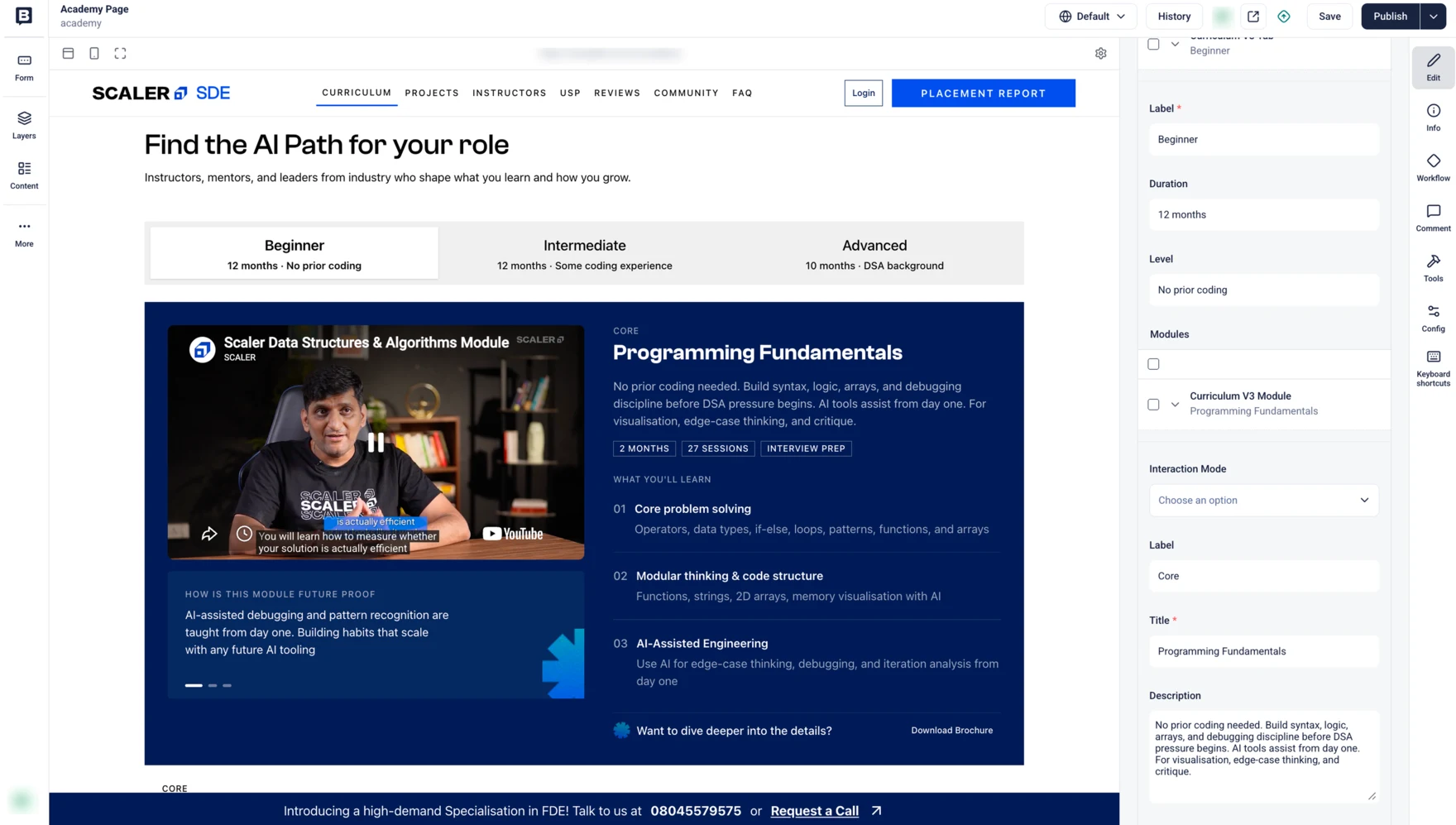 The Curriculum V3 Tab block open in Storyblok, showing Label, Duration and Level fields and a nested Curriculum V3 Module, beside the live preview of the tier tabs