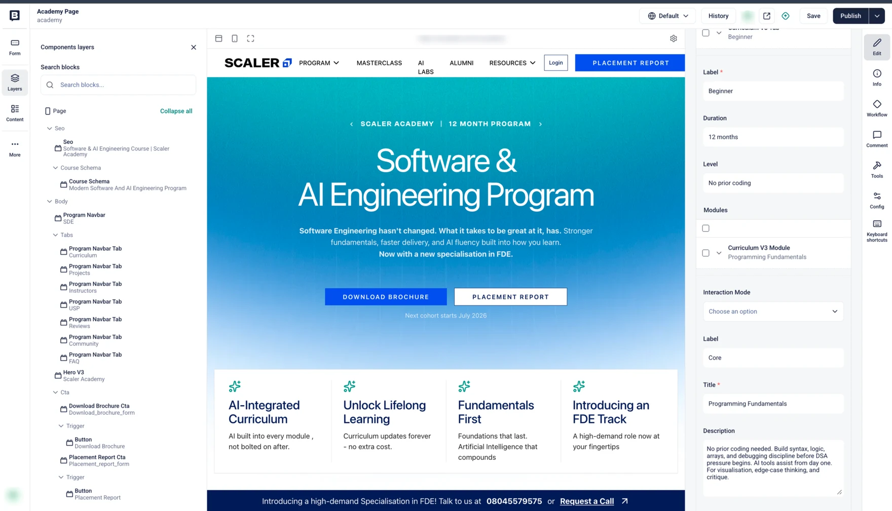 The Storyblok layers panel listing the Academy page as named components: Seo, Course Schema, Program Navbar with its tabs, Hero V3, and the Download Brochure and Placement Report CTA blocks