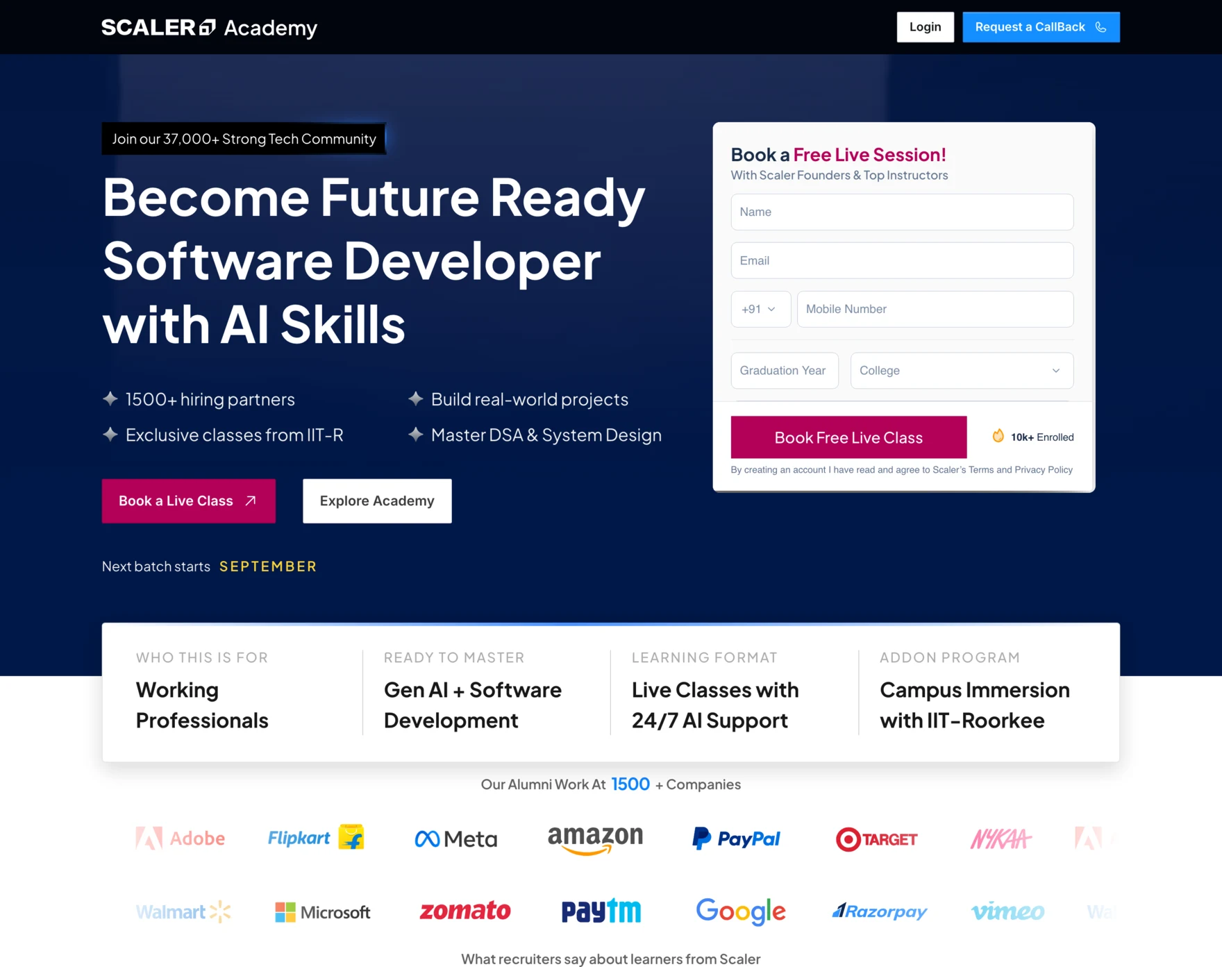 The old Academy hero: a five-field embedded form for name, email, mobile, graduation year and college, with Request a CallBack in the header