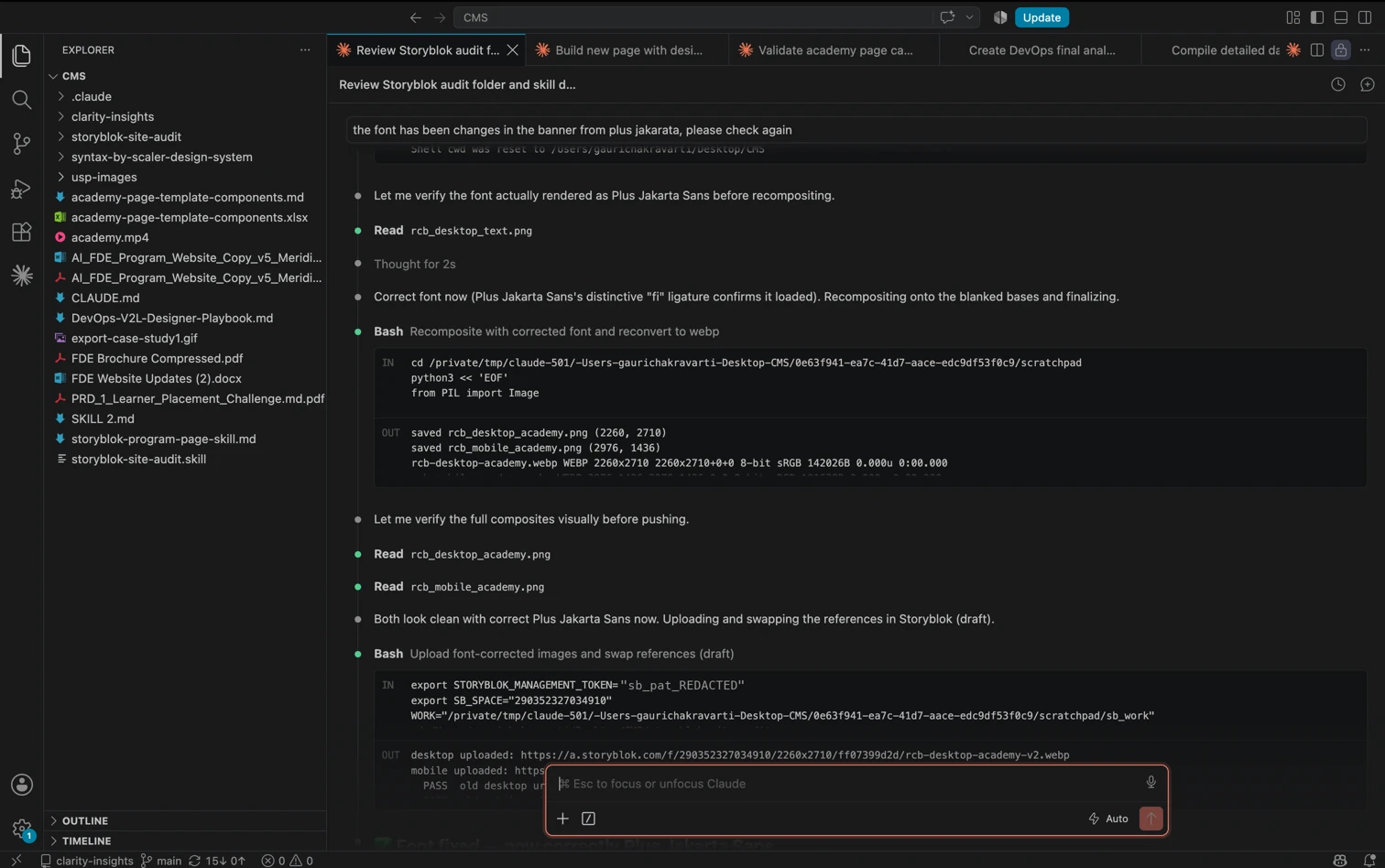 Visual Studio Code with the Claude Code session that ran the Storyblok program-page skill, the CMS folder and skill files listed in the explorer on the left