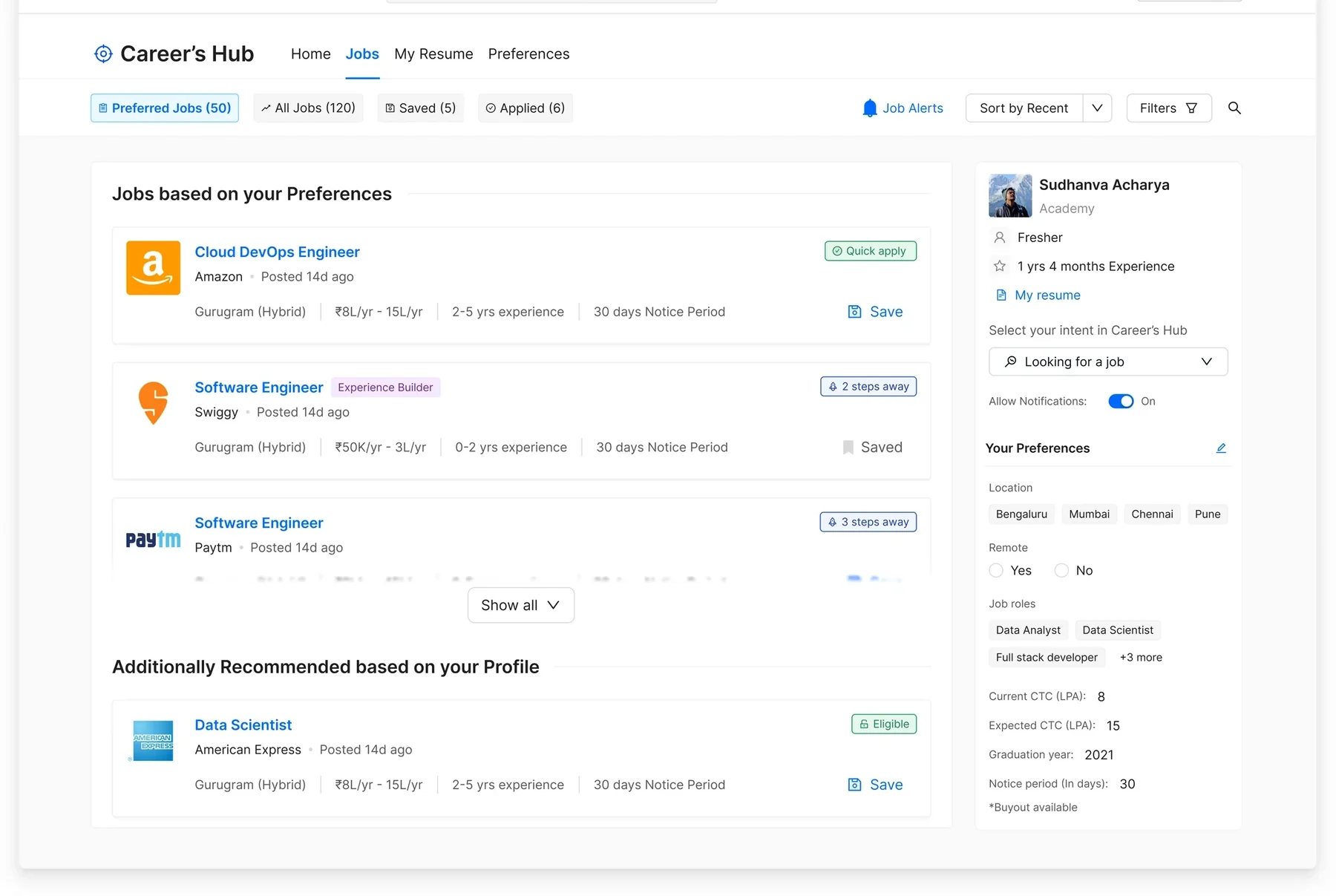 The shipped Careers Hub job list: one card per row with Quick apply, 2 steps away and Eligible tags, each stating the next action, beside the preferences sidebar