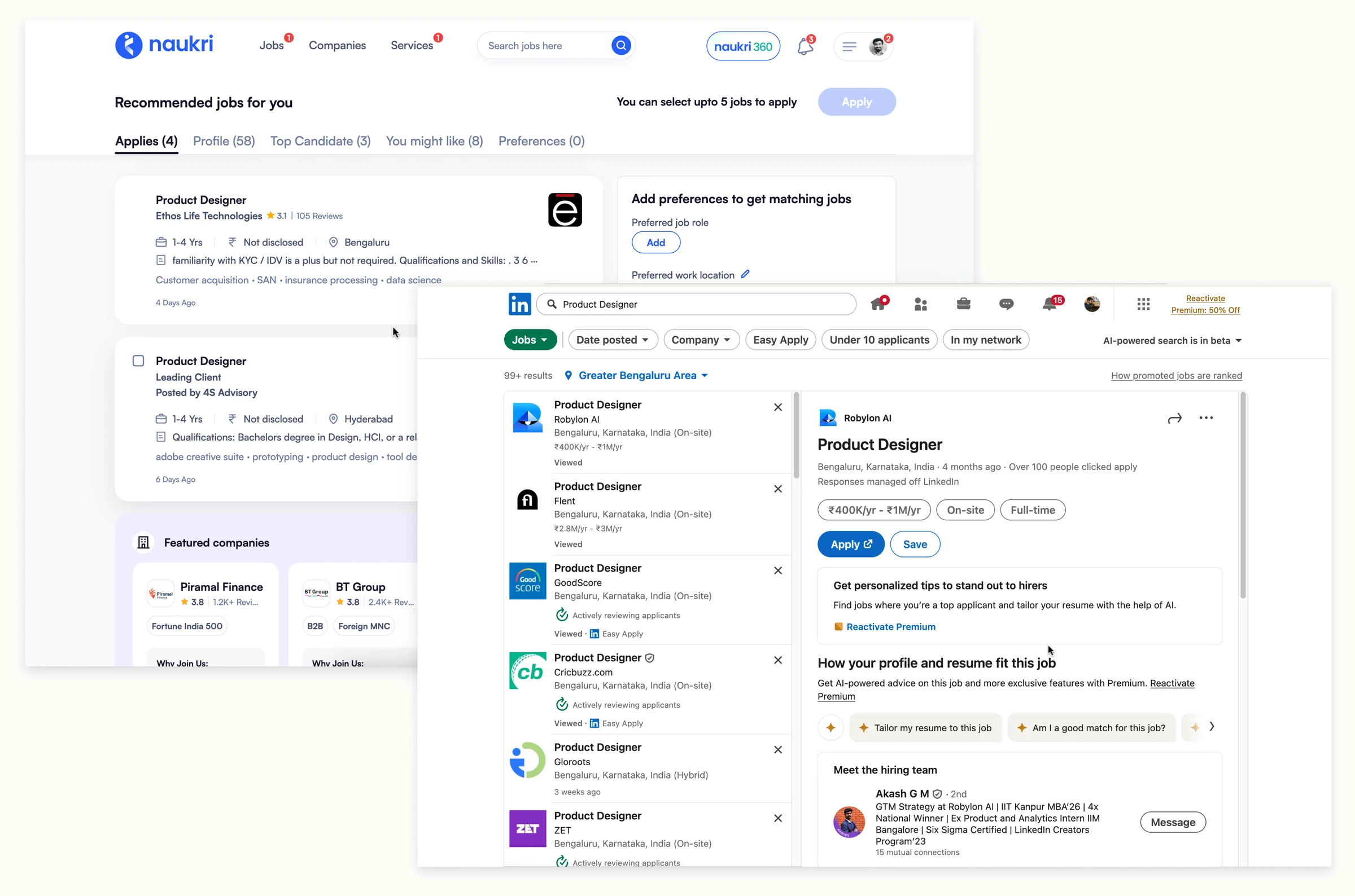 Two competitor job surfaces: Naukri.com recommended jobs above, and a LinkedIn job page below showing how your profile fits the role