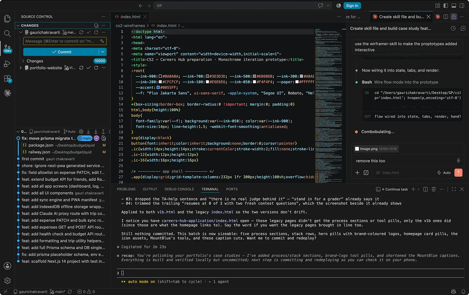 Visual Studio Code with the Claude Code session that produced the highlights prompt, source control panel open on the left