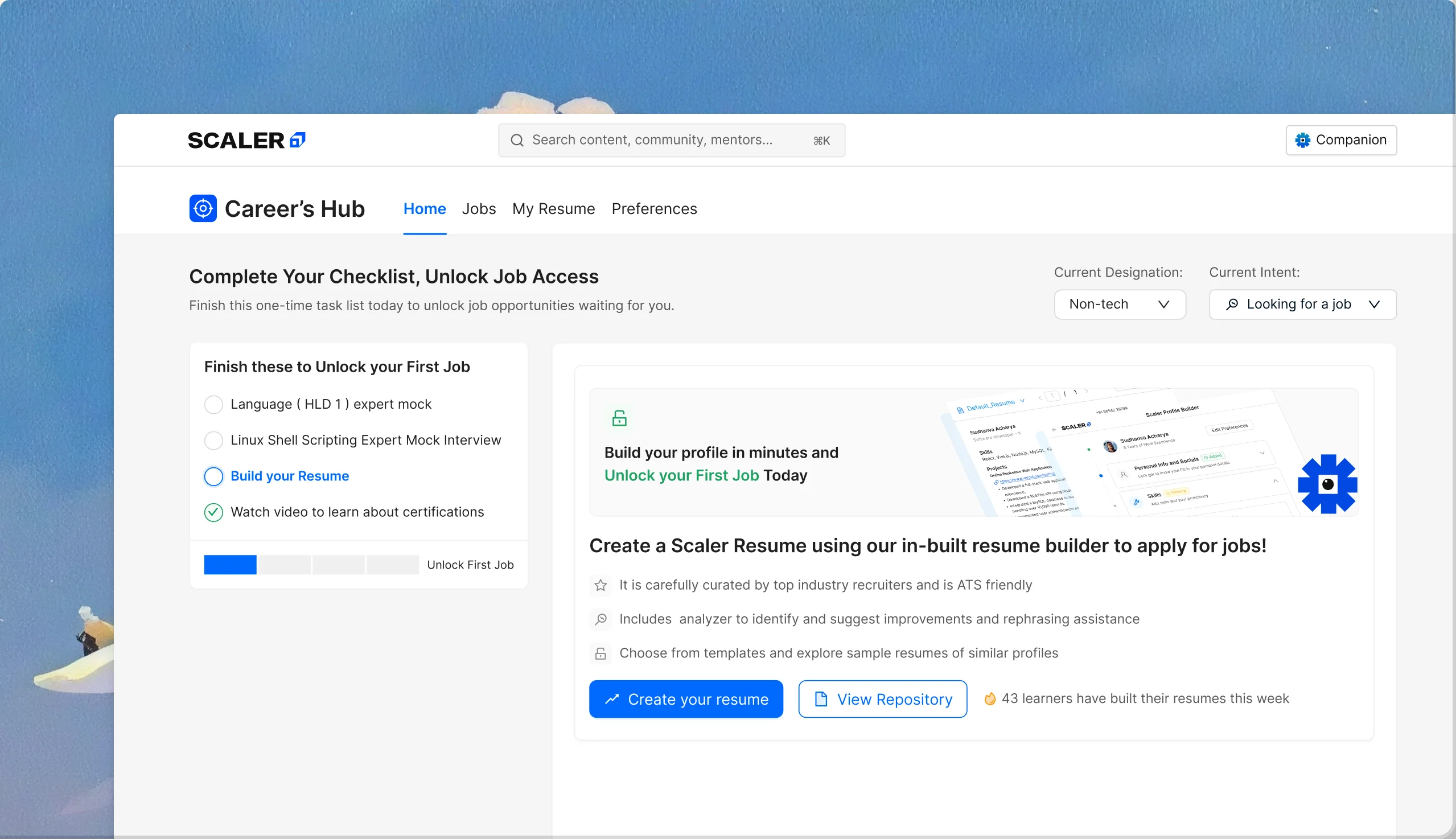 The redesigned preparation homepage: a checklist that unlocks job access beside the in-built resume builder