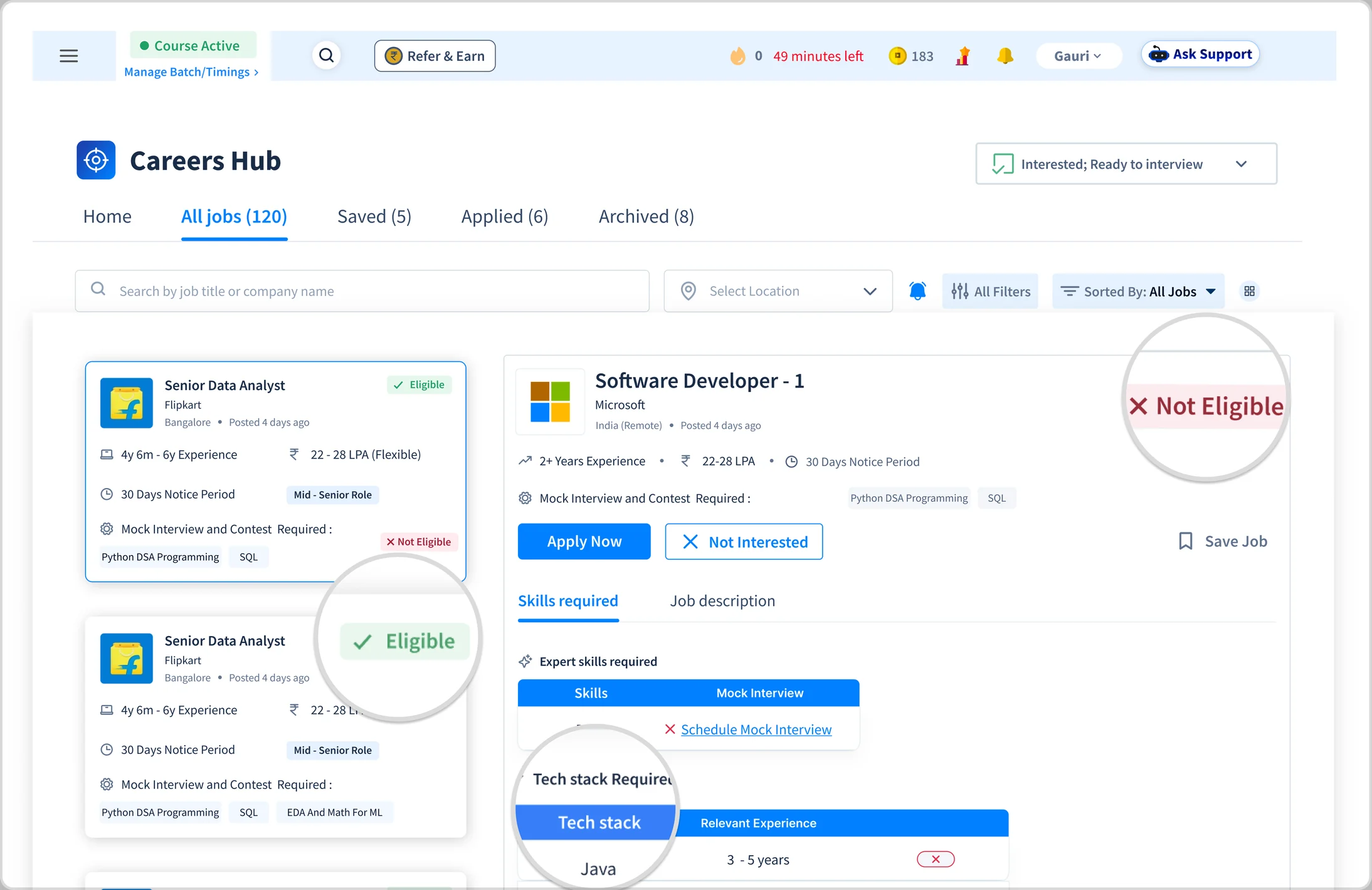The old job detail view, leading with a skills-required and tech-stack checklist instead of any reason the role is worth applying to, with magnifiers over the Not Eligible tag, an Eligible tag and the Tech stack table