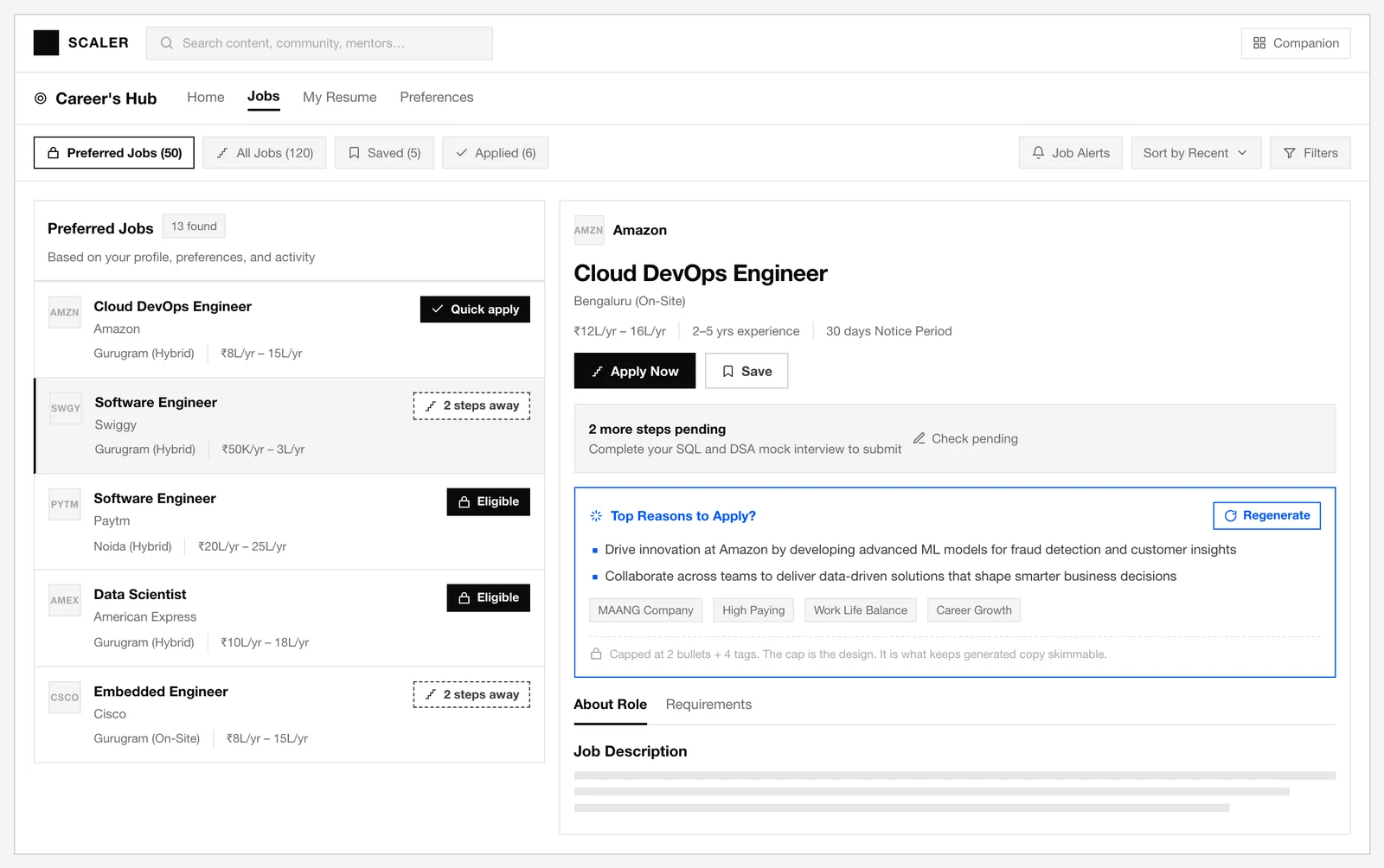 The shipped Job Highlights prototype: a job list beside a detail panel where a Top Reasons to Apply block gives two reasons and four tags above the requirements, with the pending eligibility steps inline