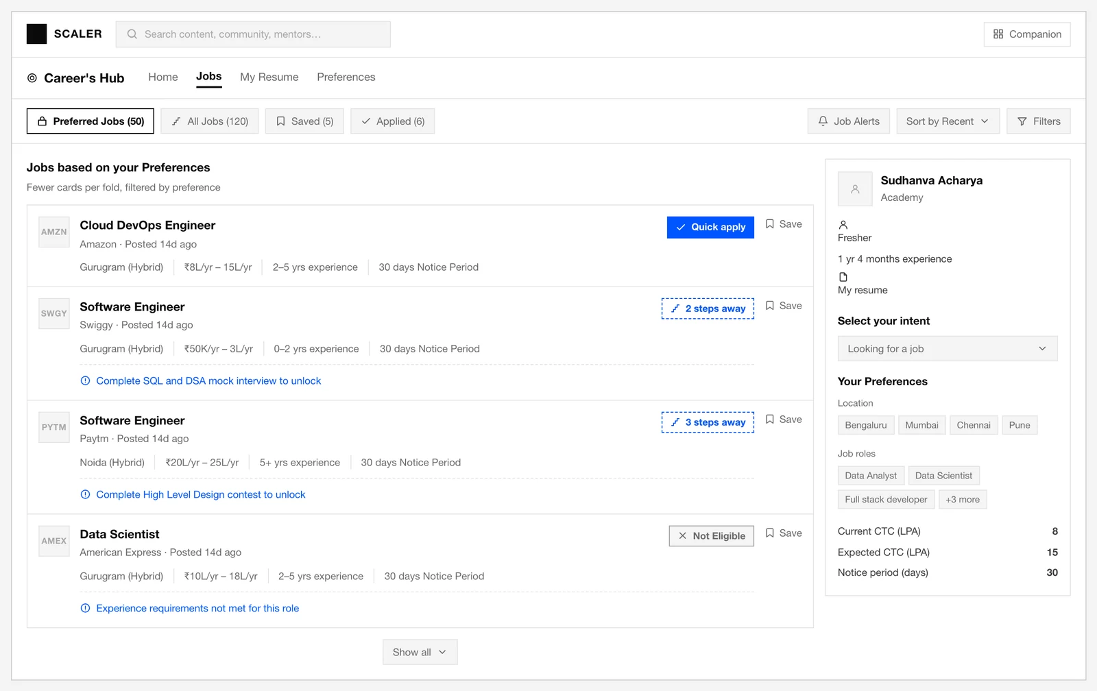 The shipped Job Card Tags prototype: one job card per row, each carrying Quick apply, 2 steps away or Not Eligible with the next action stated under it, beside the preferences sidebar