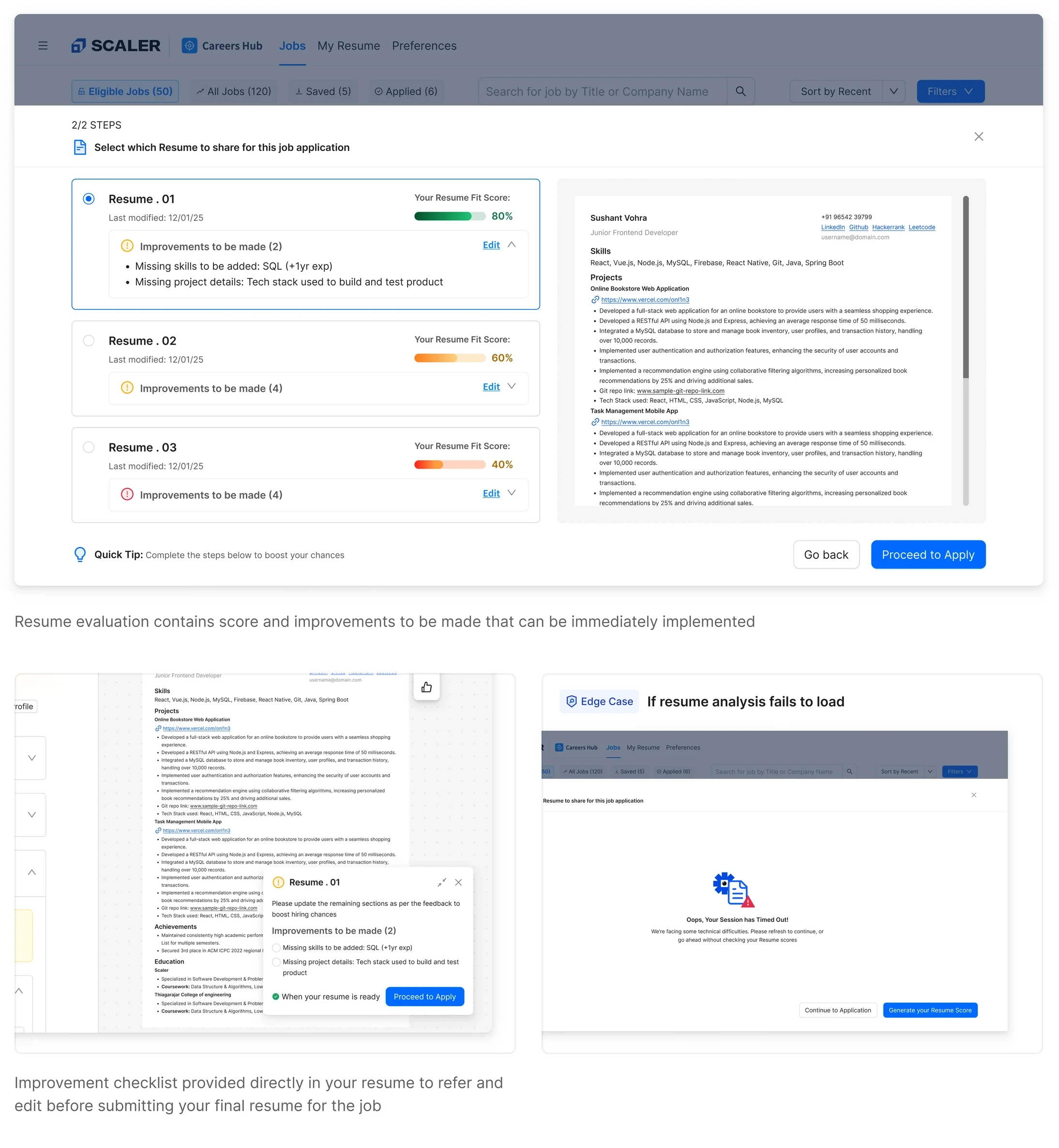 Step 2 of the application flow: three saved resumes ranked by fit for this role at 80%, 60% and 40%, each with its own list of improvements and an Edit link, beside a live preview of the selected resume. Below, the improvement checklist shown inside the resume itself, and the fallback when resume analysis fails to load