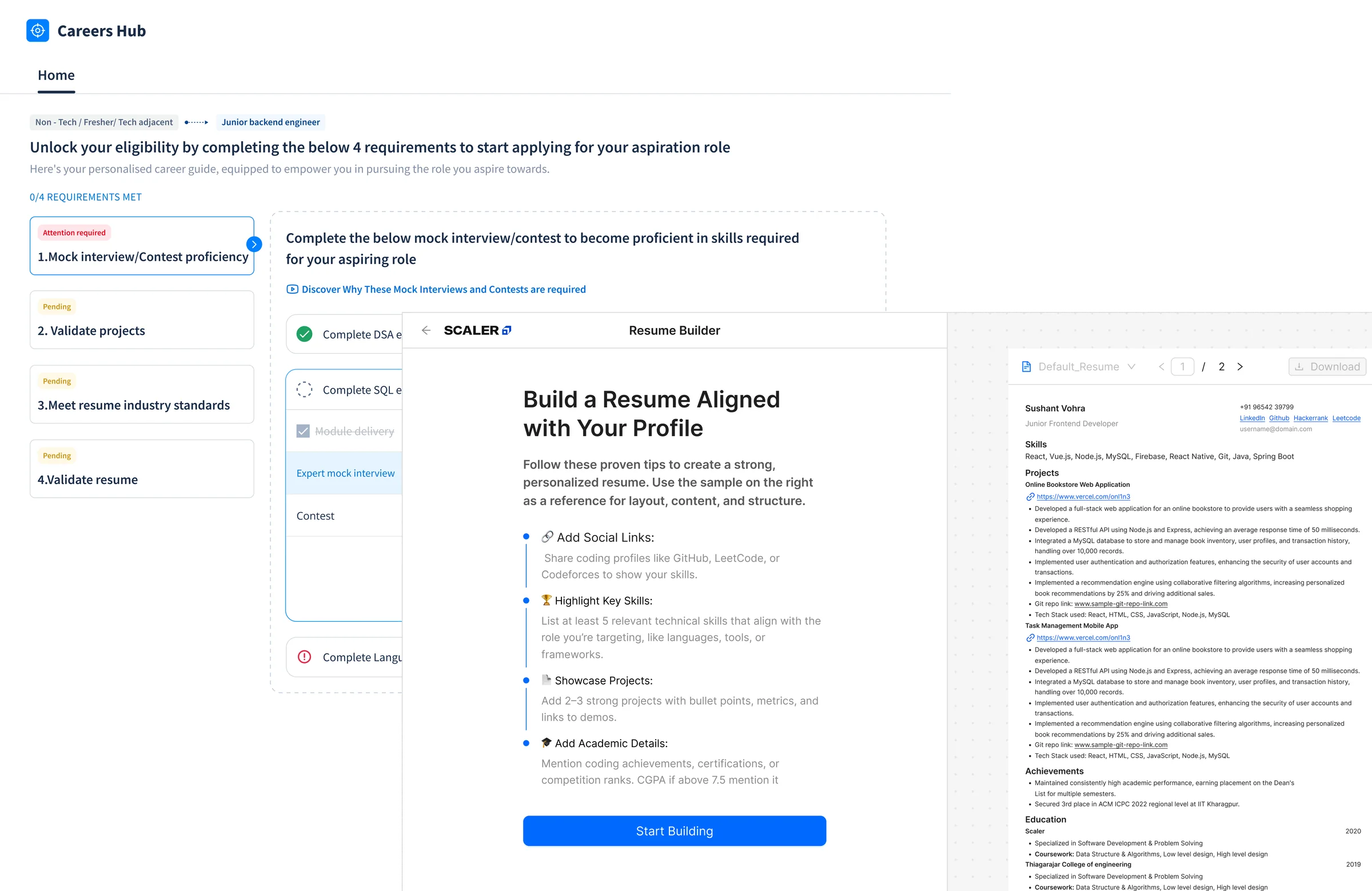 The old Careers Hub homepage telling every learner to complete the same four requirements, beside the old resume builder opening with a page of instructions