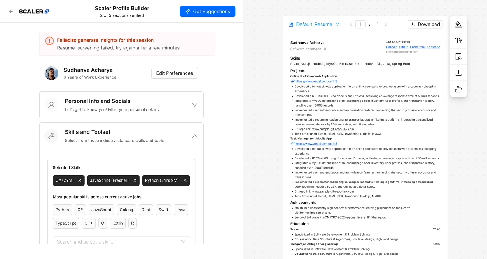 The profile builder with a banner reading Failed to generate insights for this session, resume screening failed, try again after a few minutes, above the section list