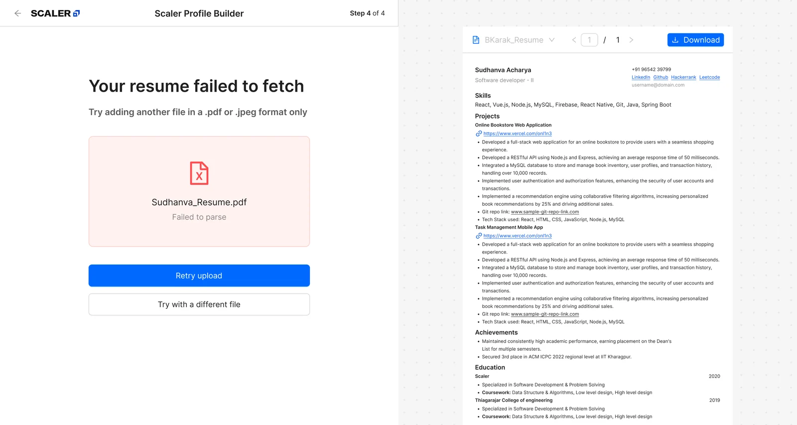 The upload step after a file could not be read: a card naming Sudhanva_Resume.pdf as failed to parse, with Retry upload and Try with a different file buttons, beside the resume preview