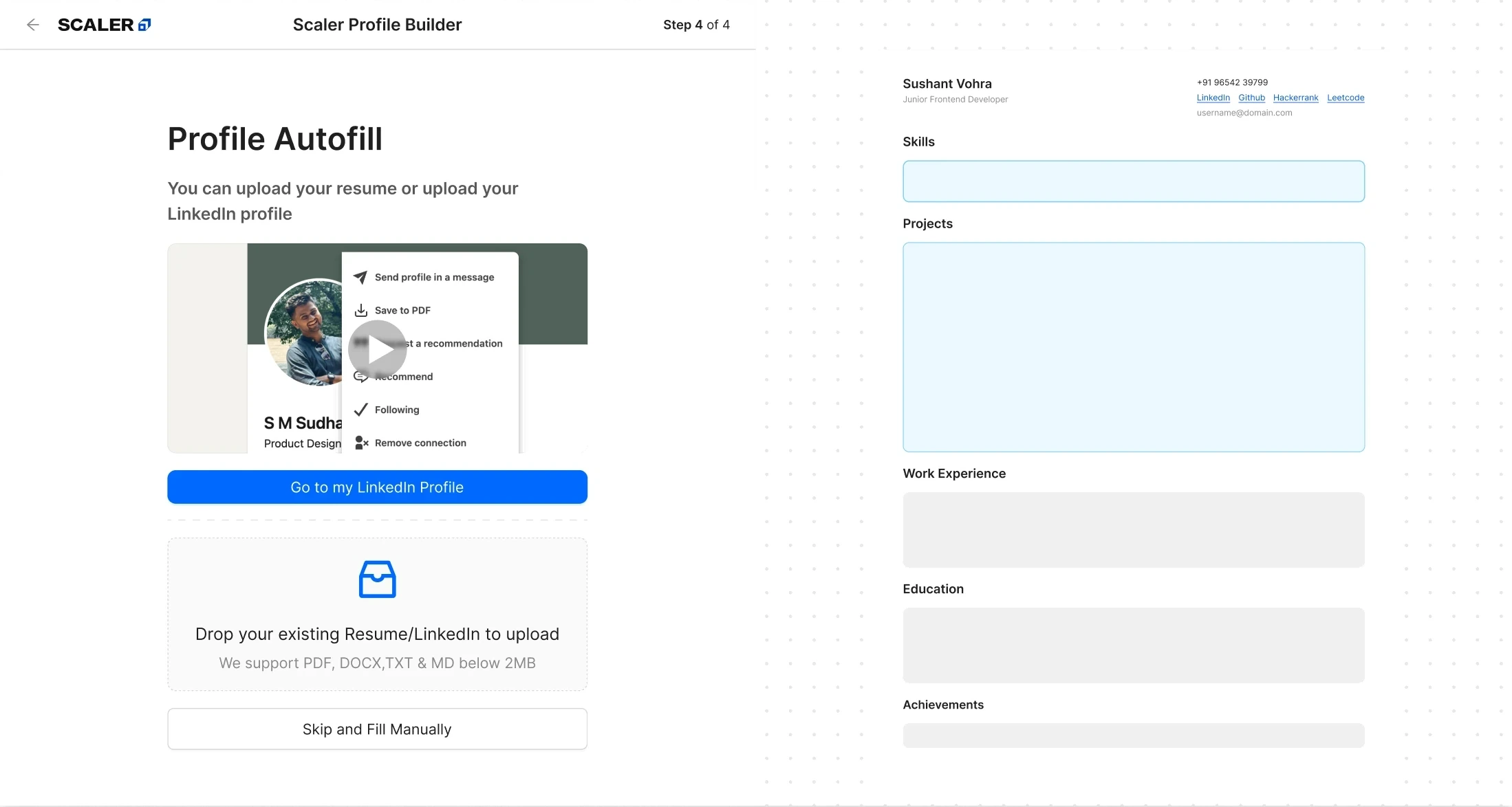 Resume Builder step 1: Profile Autofill screen to upload a LinkedIn profile or existing resume