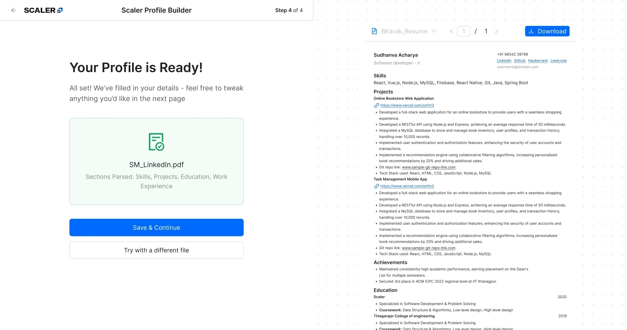 Resume Builder step 2: uploaded LinkedIn PDF loading and parsing into the resume builder