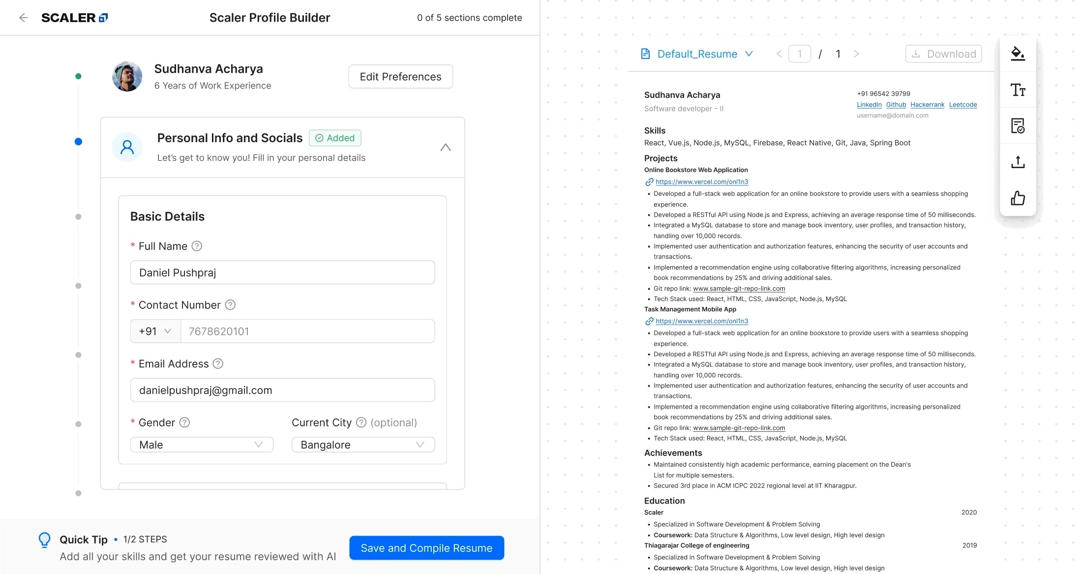 Resume Builder step 3: parsed data autofilled into personal info, skills, projects, education, and work experience sections