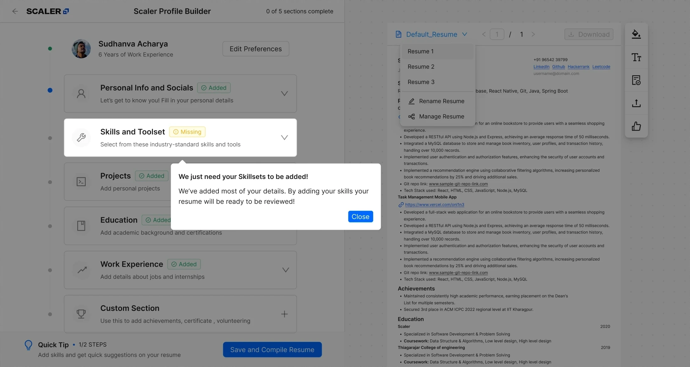 Resume Builder step 4: Skills section highlighted as missing, prompting the user to add a skillset before applying