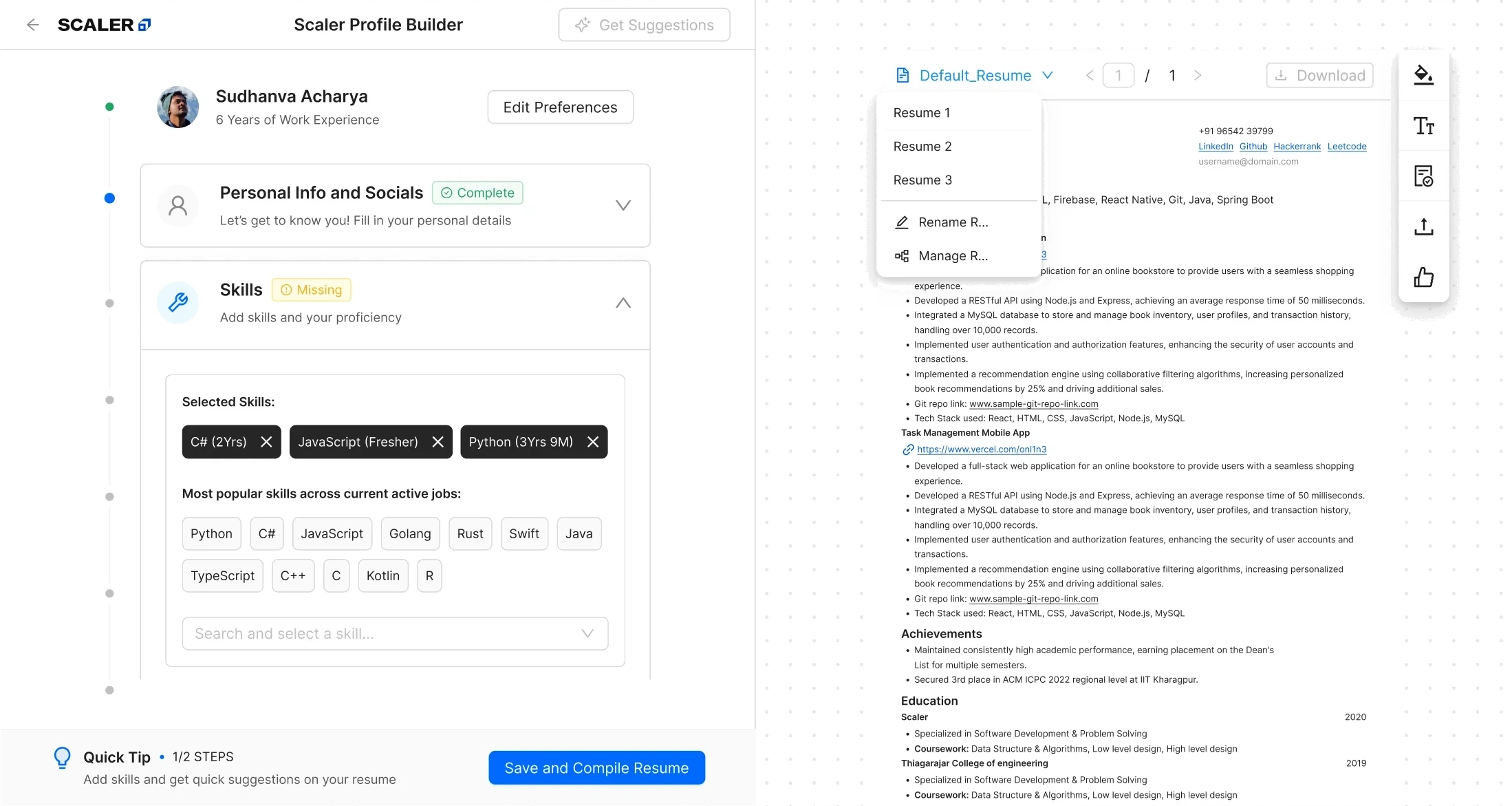 Resume Builder step 5: completed resume ready to save and compile in one click