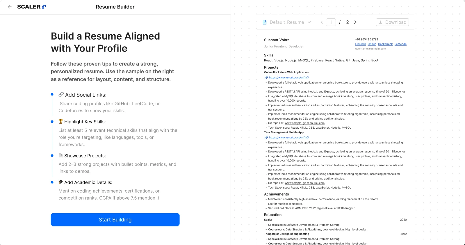 Tips and a sample resume shown before the learner starts building