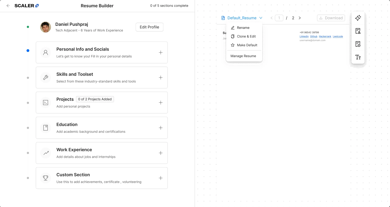 Resume builder with five empty sections waiting to be completed
