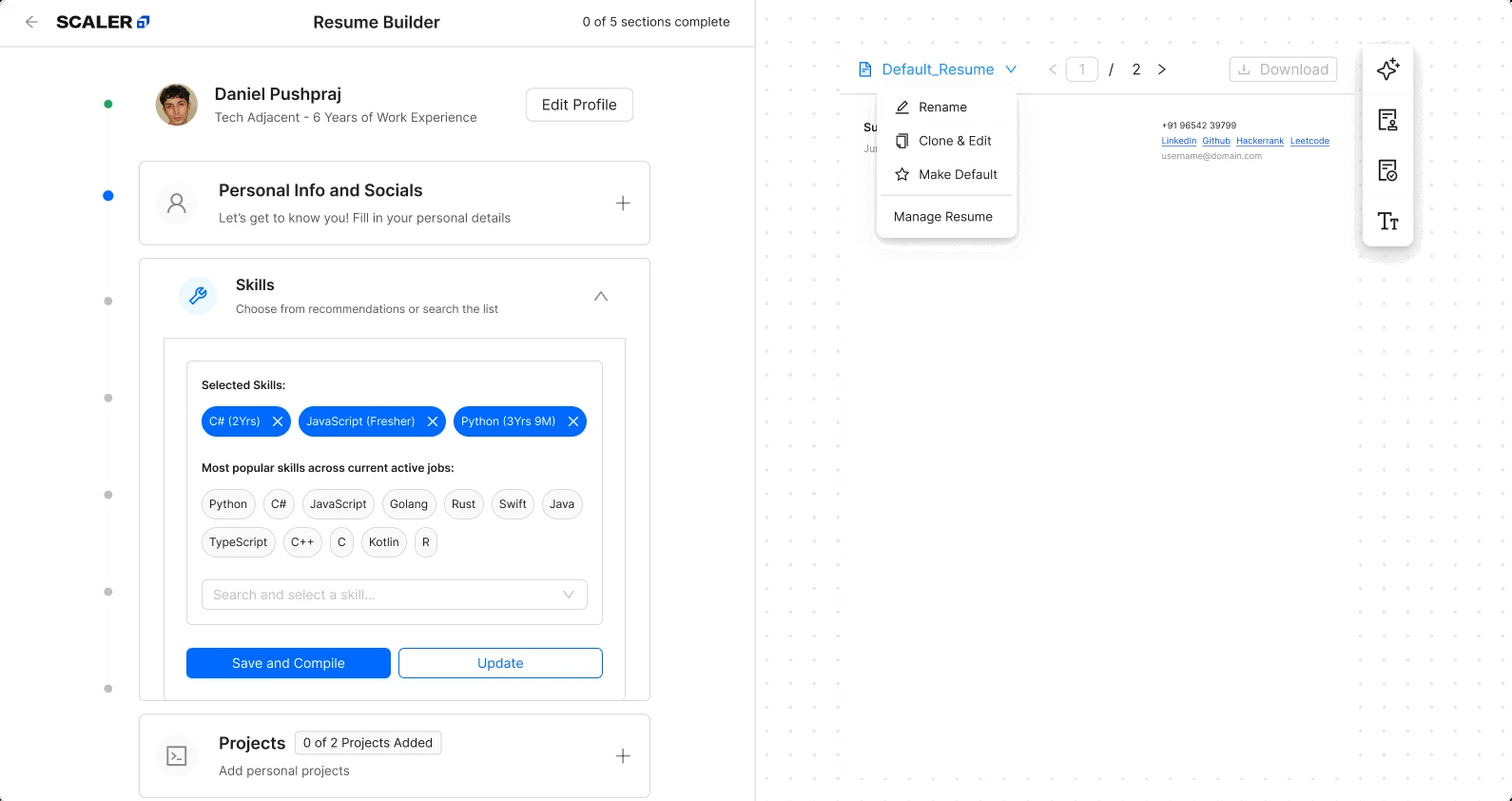 Skills section requiring a separate save and compile action