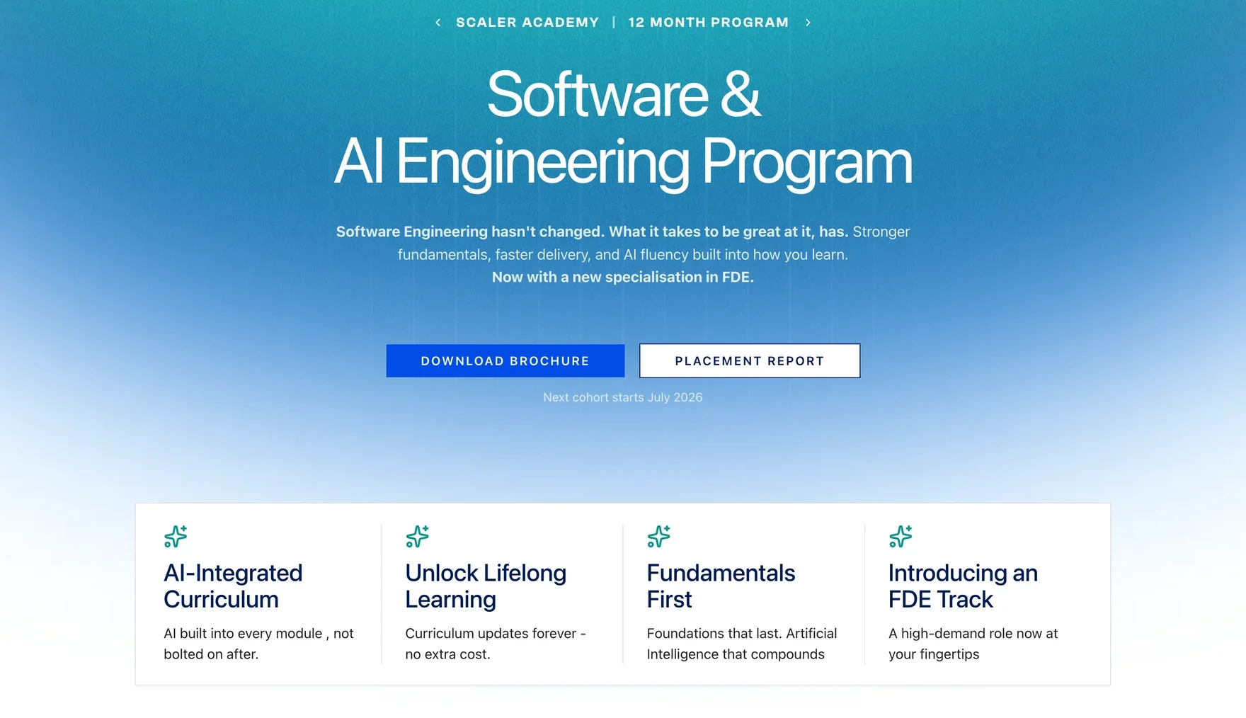 The redesigned Scaler Academy course page, leading with the curriculum framework