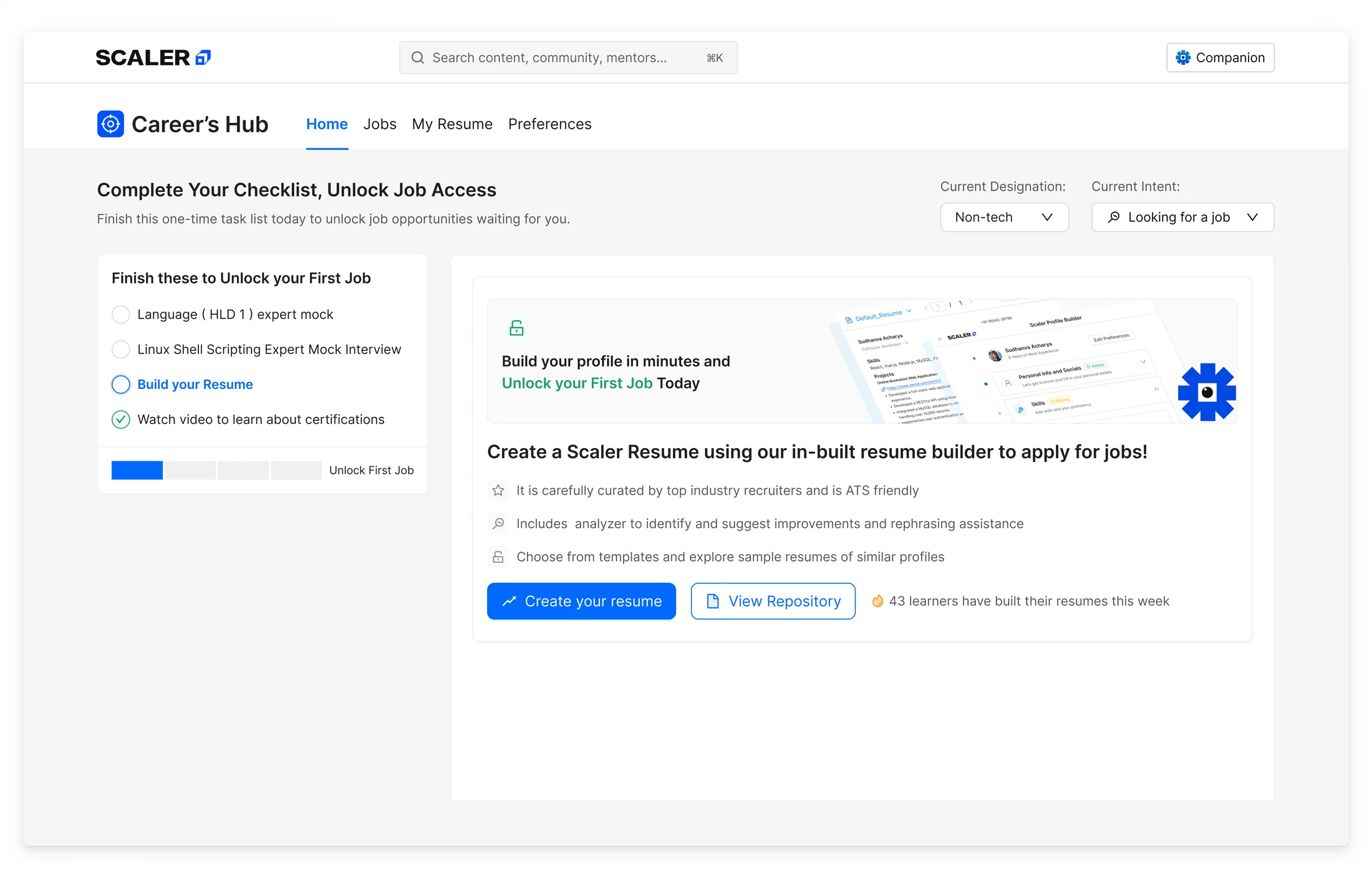 The Careers Hub home page: a Complete Your Checklist panel listing the two mock interviews, Build your Resume, and the certifications video, with a progress bar toward Unlock First Job, beside a card explaining the in-built resume builder