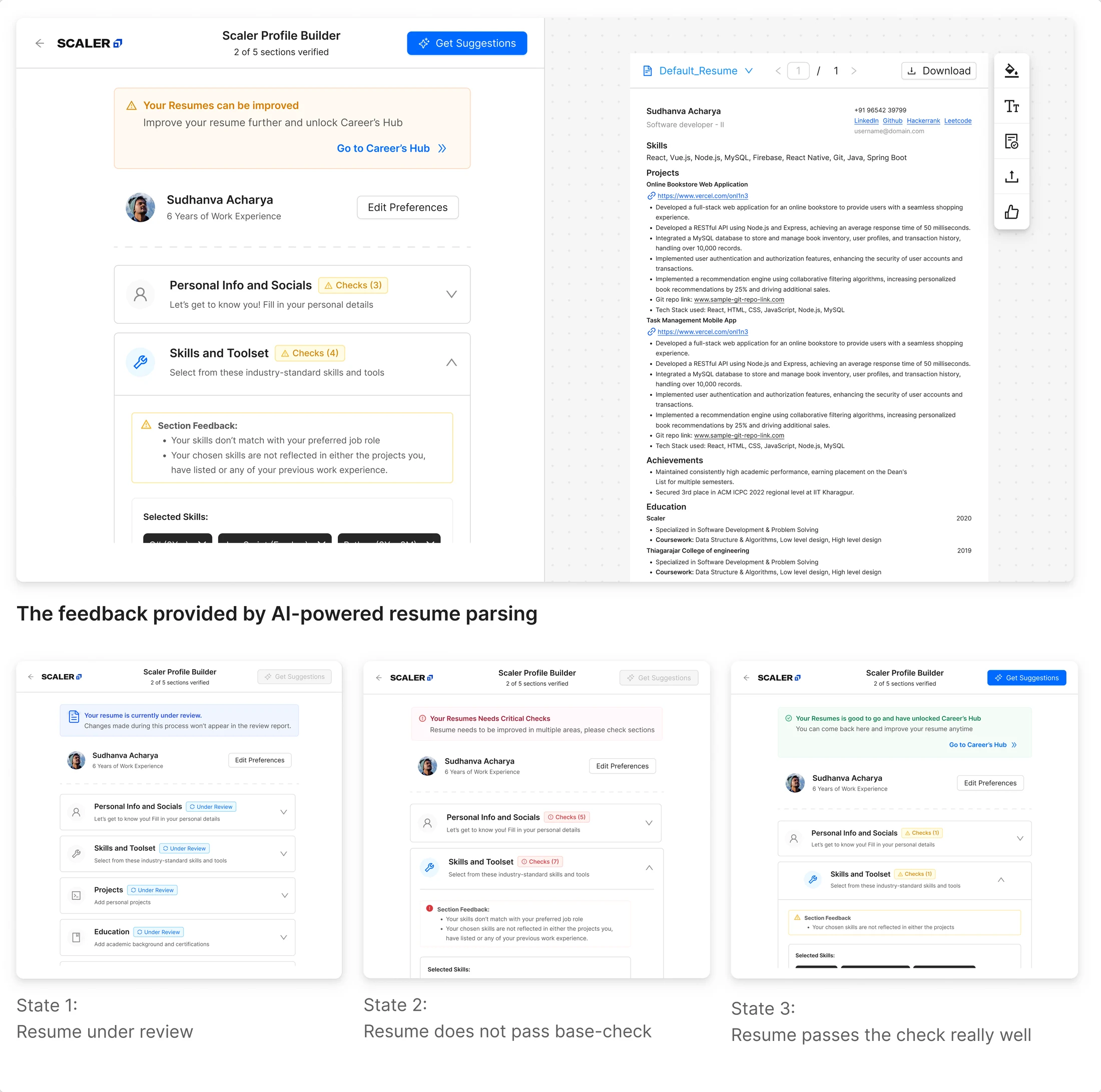 The shipped resume review: each section carries its own checks and written feedback beside a live preview of the resume, and the three states below show a resume under review, one that does not pass the base check, and one that passes
