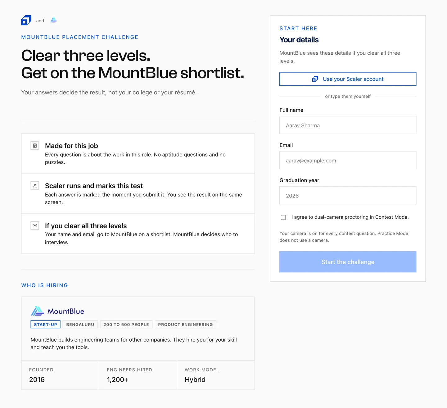 The rules and onboarding screen added before any contest question loads: Clear three levels, get on the MountBlue shortlist, with rule cards for Made for this job, Scaler runs and marks this test, and If you clear all three levels, next to a Your details intake panel with a proctoring consent checkbox.