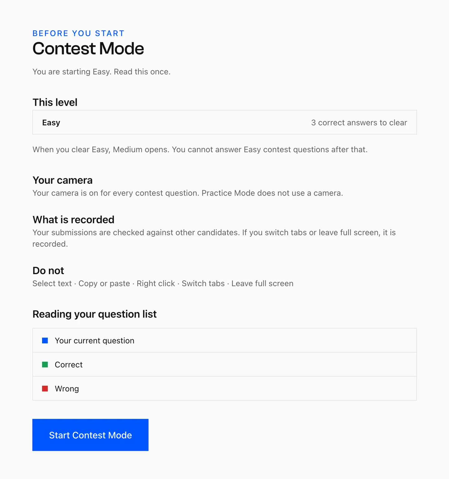 Before You Start screen for Contest Mode, stating the level threshold, that the camera is on for every contest question, and what is recorded.