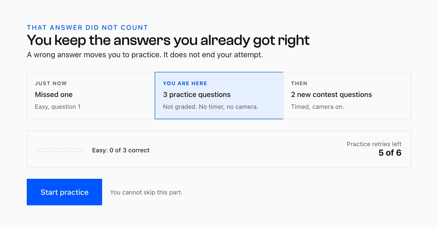 Wrong-answer transition screen headed That answer did not count, You keep the answers you already got right, with a three-part map showing Missed one, You are here 3 practice questions not graded, and Then 2 new contest questions, plus Start practice and the line You cannot skip this part.