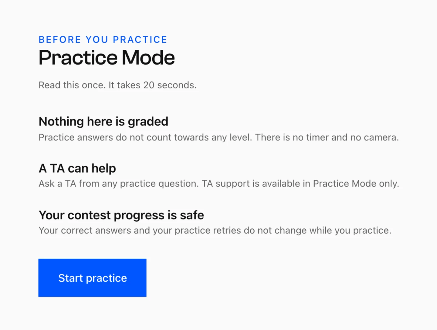 Before You Practice screen for Practice Mode with three reassurances: Nothing here is graded, A TA can help, and Your contest progress is safe.