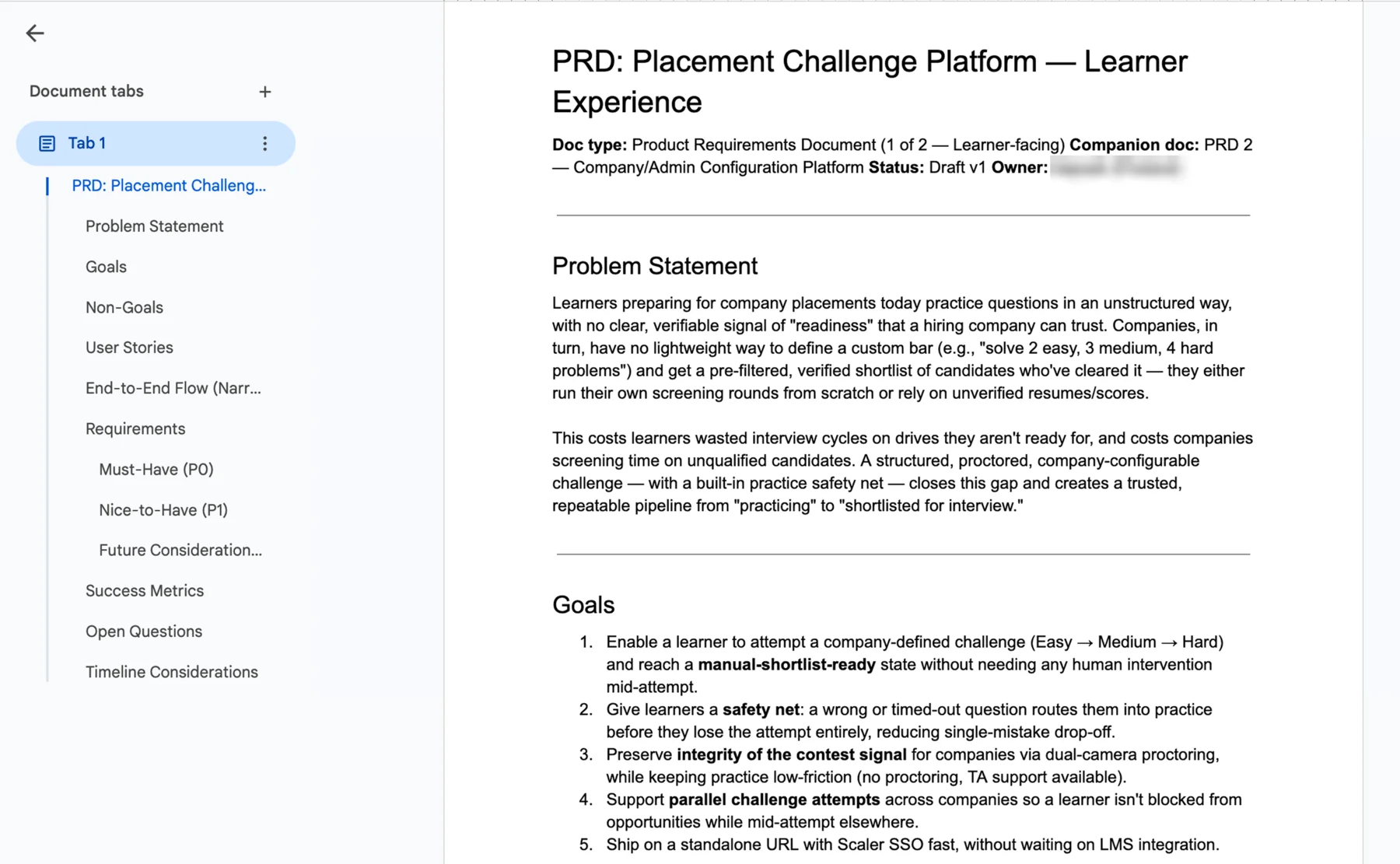The product requirements document this entry was built from, open in Google Docs: PRD Placement Challenge Platform, Learner Experience, with a Problem Statement about learners having no verifiable signal of readiness, and Goals covering an Easy to Medium to Hard attempt, a practice safety net after a wrong answer, dual-camera proctoring for contest integrity, and parallel attempts across companies.
