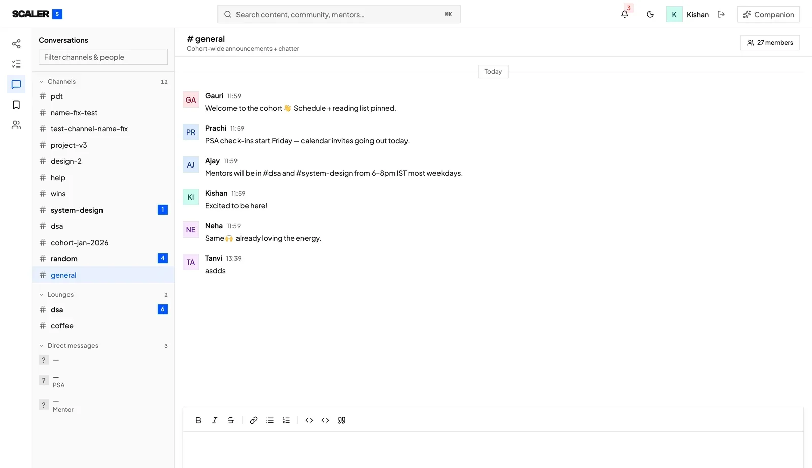 The Scaler Conversations dashboard: channels down the left, an active thread in the centre, and the member list beside it