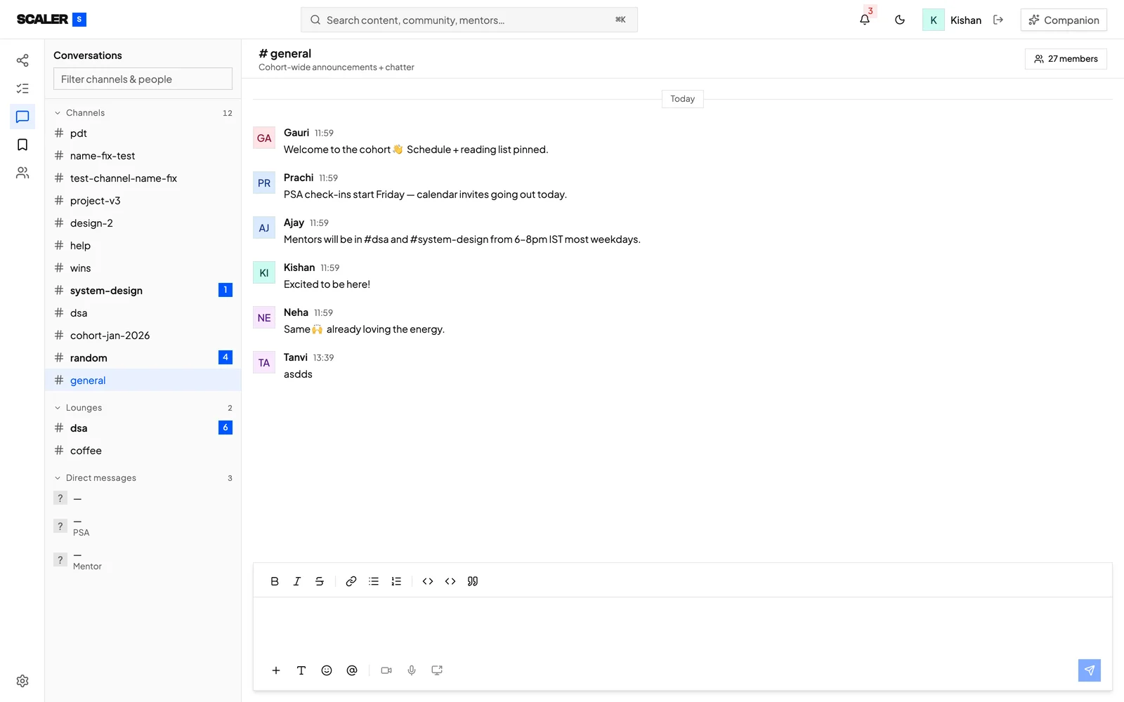 Scaler Conversations discussion hub from a learner account: a left rail of channels, lounges and direct messages beside an open cohort channel with welcome messages, above a full message composer.