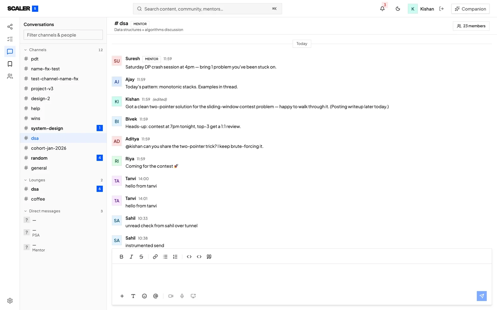 Scaler Conversations: the Conversations sidebar with channels, lounges and direct messages loaded beside an active #dsa thread carrying mentor badges, an edited message, and a composer with formatting, attachment, mention and screen-share controls.