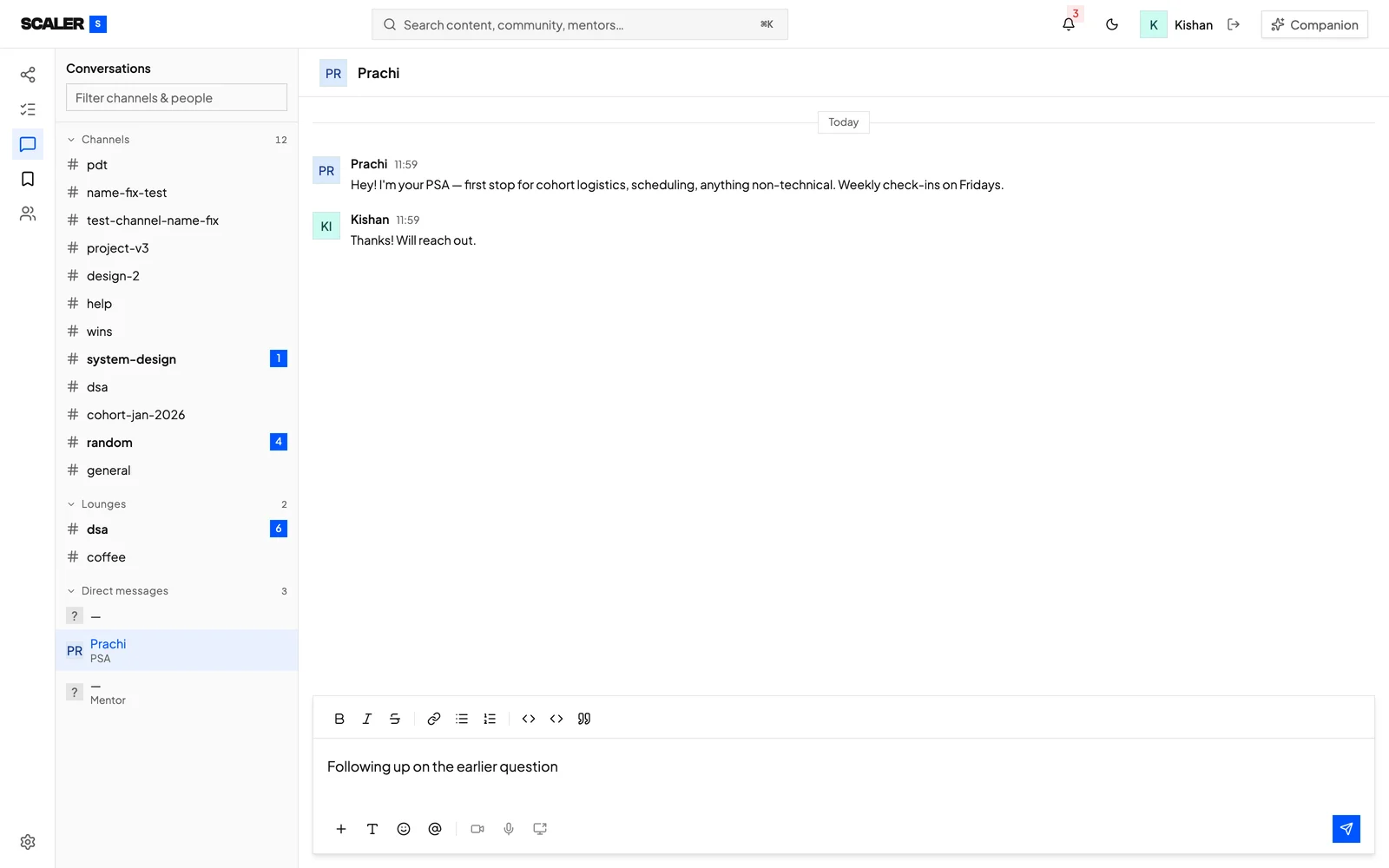 A closed PSA thread where the learner has read-only membership, yet the composer is fully enabled and holds typed text with no disabled state or explanation shown.