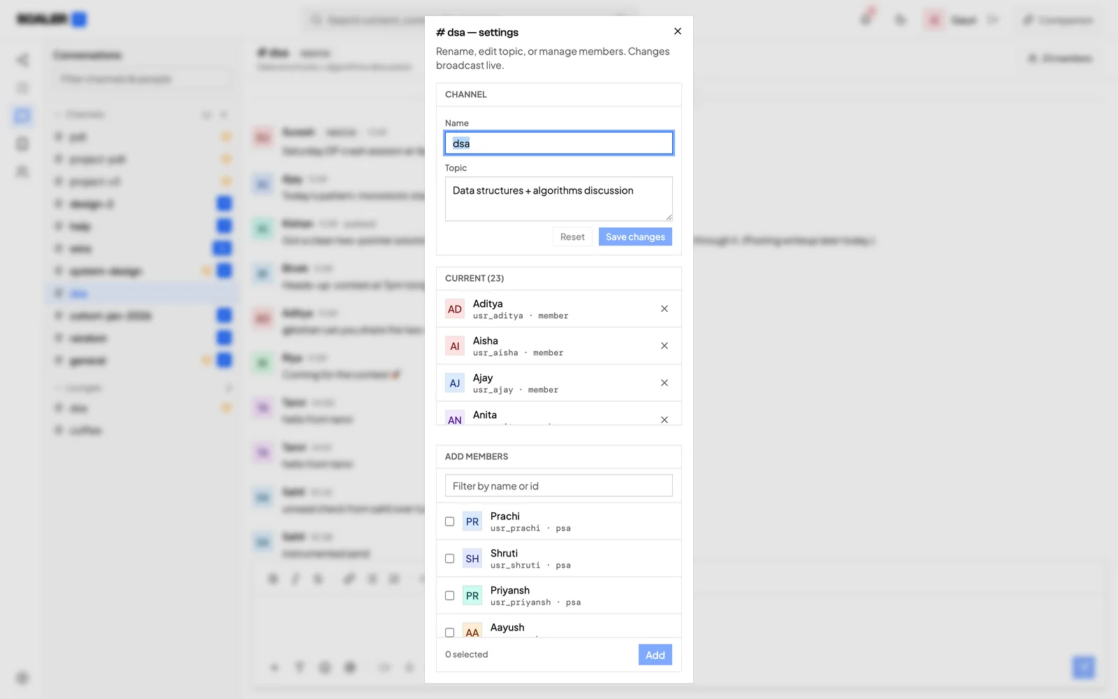Admin channel settings panel: rename and topic fields with Save changes, a Current 23 member list with a remove control on each row, and an Add members section with a filter and checkboxes.