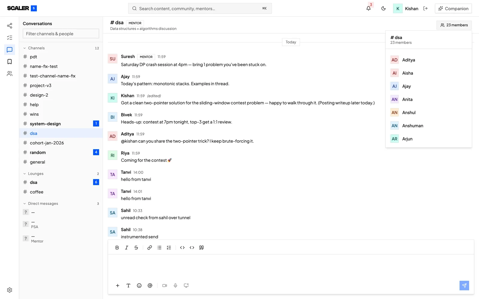 The same channel viewed by a learner: the member list is readable but there is no manage-members control, no add or remove affordance, and no channel settings.